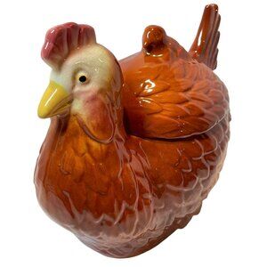 Vintage Brown Ceramic Chicken-Shaped Lidded Pot/Bowl Box with Glossy Finish